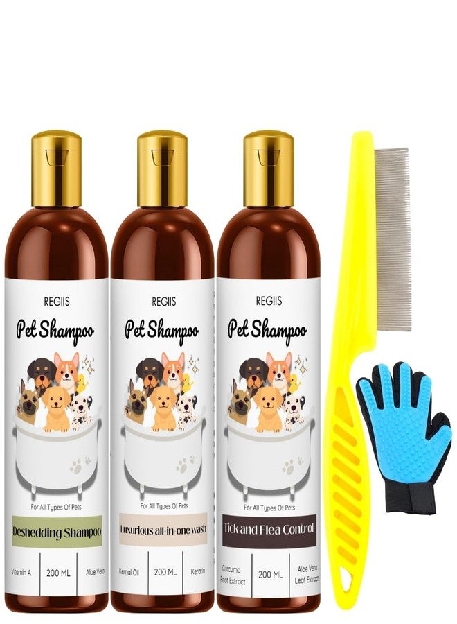 مجموعة شامبو ريجيس للحيوانات الأليفة للكلاب، عبوة من 3 قطع مع مزيل للشعر المتساقط، غسيل شامل، مكافحة القراد والبراغيث، 200 مل لكل عبوة، تتضمن مشطًا وقفازًا للتنظيف (عبوة من 5 قطع) - Image 1